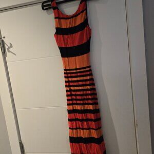 bebe Striped Open Back Maxi Dress | Size Small | Orange & Black